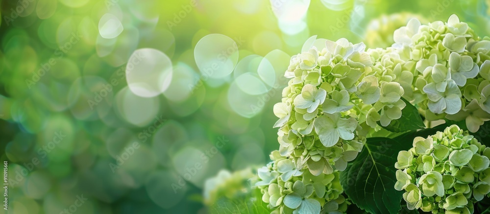 Poster hydrangea in early summer with beautiful blooms in a copy space image