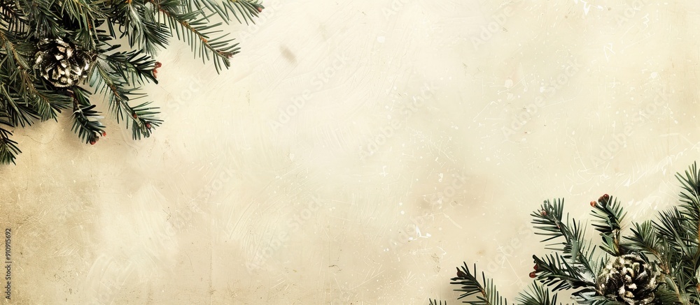 Poster vintage christmas template featuring a border of fresh pine branches on a light background providing