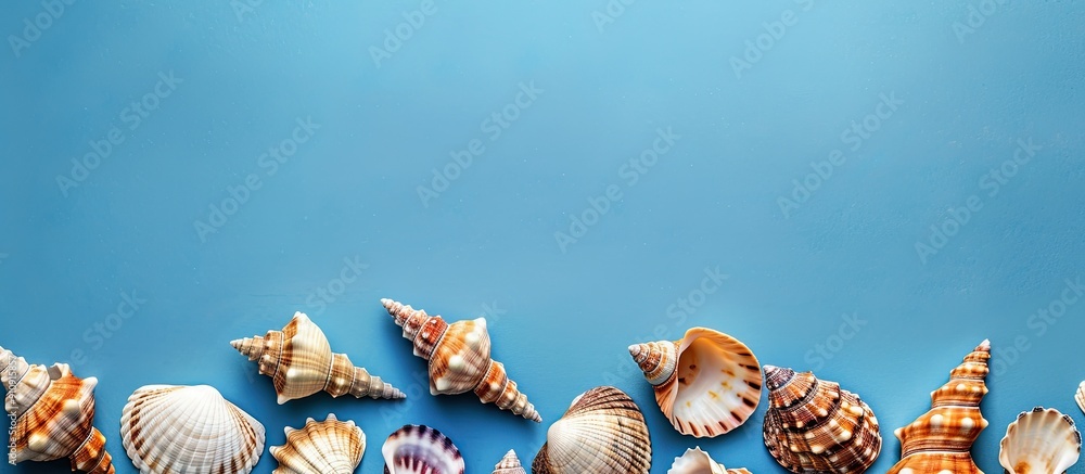 Leinwandbilder a sea themed pattern featuring spiral seashells on a blue background with a copy space image for tex