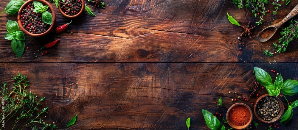 Poster Top view of wooden table with assorted spices and herbs providing a copy space image