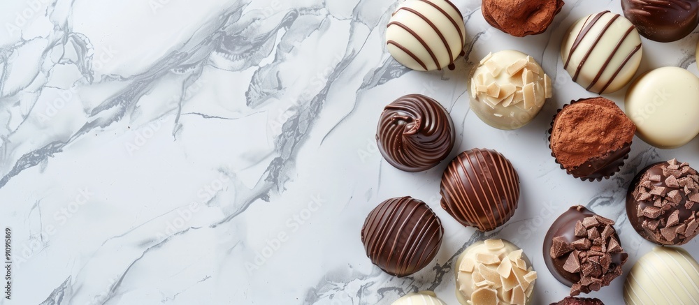 Poster variety of luxurious chocolates in white dark and milk set against a sweet themed backdrop with a bl