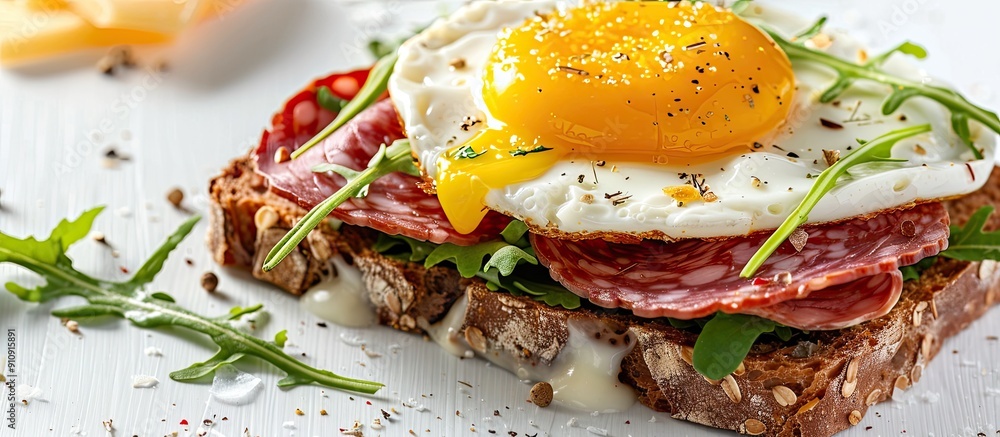 Poster sandwich with salami arugula cheese and egg on rye bread on a white background for toning with copy 