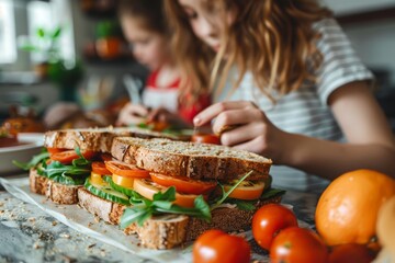 Children preparing fresh vegetable sandwiches with whole grain bread, tomatoes, cucumbers, and arugula