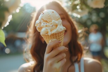 Woman enjoying vanilla ice cream cone on a sunny day in the park
