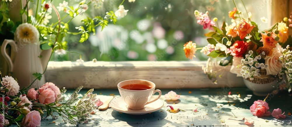 Poster A morning scene with a cup of tea on a bright table by a window surrounded by bouquets of flowers and a blank area for an image. Creative banner. Copyspace image