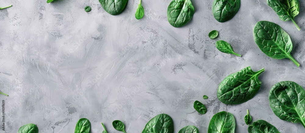 Poster fresh spinach leaves on light gray backdrop perfect for healthy organic meal enthusiasts top down vi