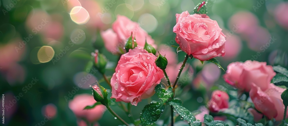 Aufkleber pink rose flowers in a garden with raindrops featured in a selective focus view in a copy space imag