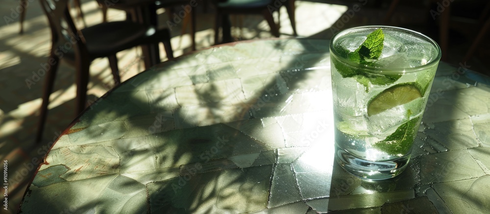 Poster A glass with a mojito drink and ice sits on a table casting a distinct shadow in the background perfect for a copy space image