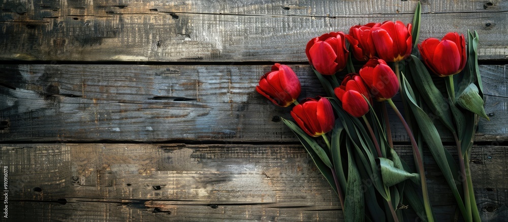 Aufkleber red tulips resting on a vintage wooden surface provide a lovely composition in a rustic setting perf