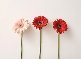 three red and pink gerber flowers top view