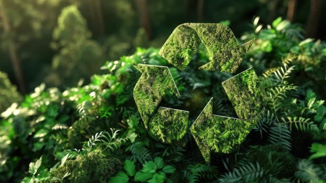 Video animation of recycle symbol on a green background among the plants. Eco concept of reduce, reuse, recycling, save the planet, environmental preservation