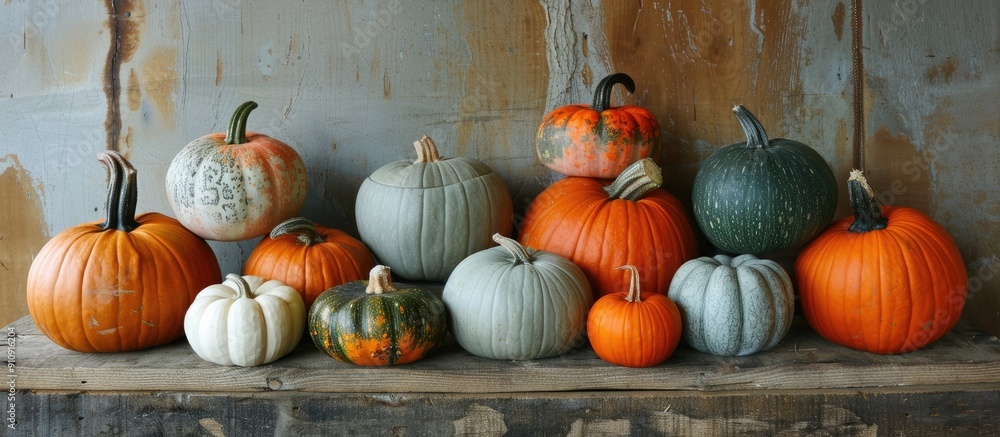 Poster various pumpkins displayed on a wooden table ideal for a copy space image