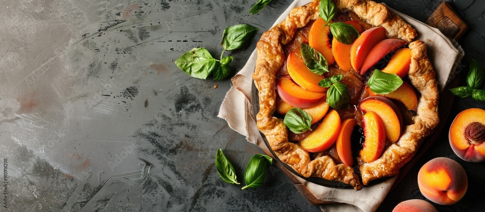 Poster light background with a serving board featuring pieces of delicious peach galette creating potential
