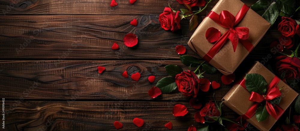 Poster valentine themed image with a gift box roses on wood and room for text in the picture. creative bann