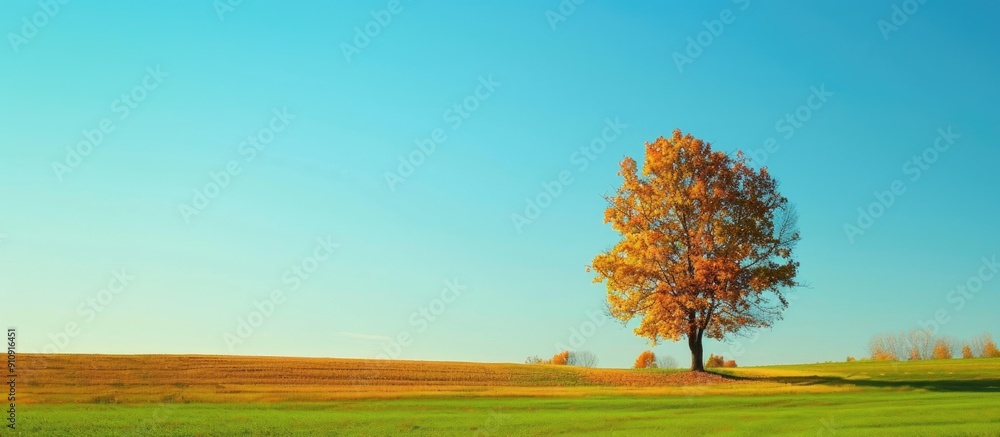 Aufkleber scenic autumn view showcasing a vacant green farmland showcasing golden trees against a clear blue s