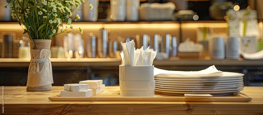 Poster A wide panoramic copy space image featuring a restaurant interior display with neatly stacked cutlery and tissues on a wooden table
