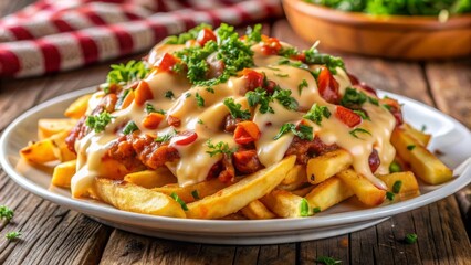 Papas fritas cubiertas de queso derretido y salsa de carne, decoradas con cebollino fresco y servidas en un plato rústico.