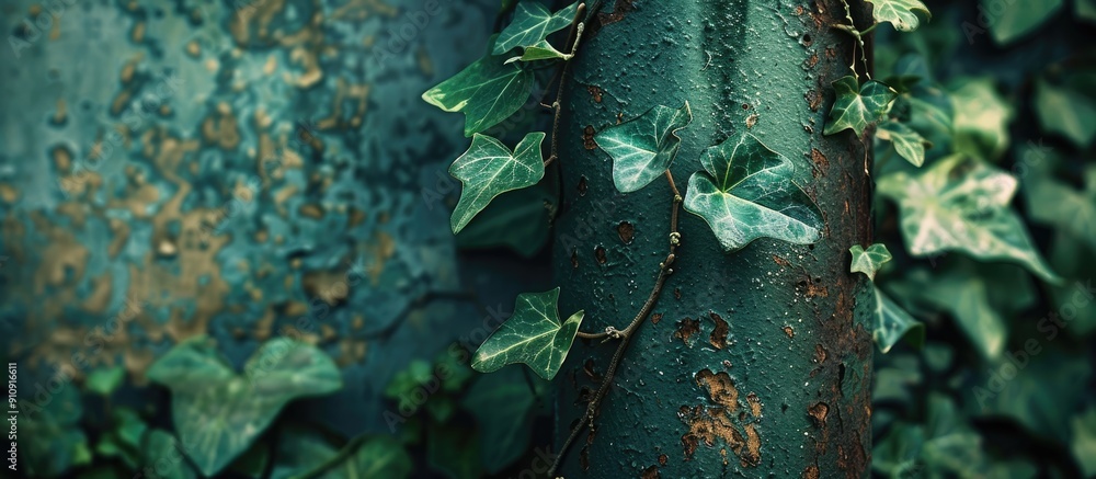 Poster green ivy intertwined along a worn iron pole in a charming scene with copy space image potential