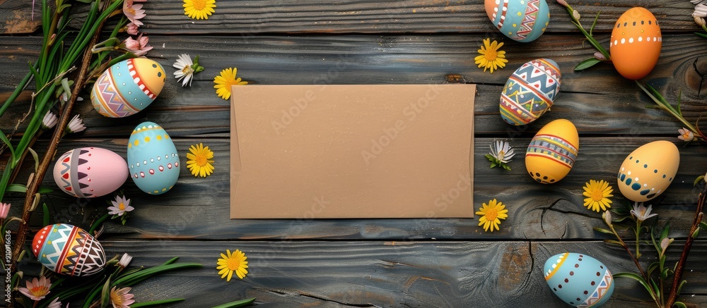 Poster top view of a wooden table with an easter greeting card surrounded by colorful easter eggs perfect f