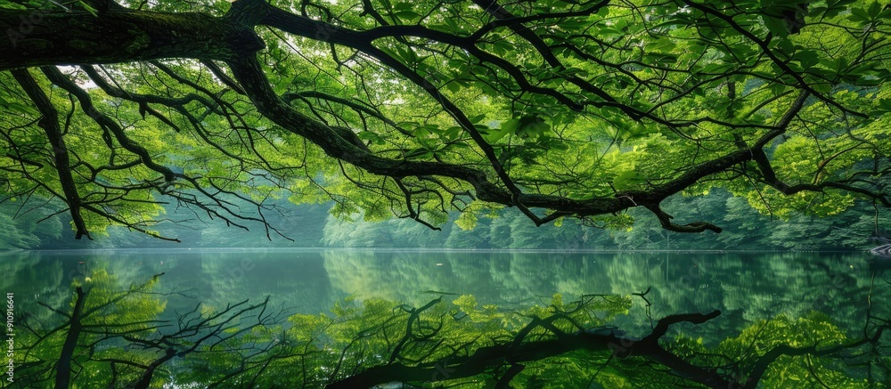 Poster Luxuriant tree branches with green foliage cascading above the mirrored water below creating a tranquil scene with copy space image