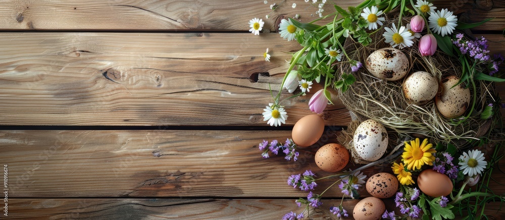Poster easter themed arrangement of flowers and chicken eggs on a wooden background with copy space image a