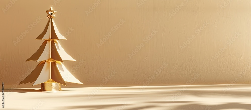 Aufkleber gold christmas tree casting hard shadows on a beige backdrop embodying a trendy minimalist geometric