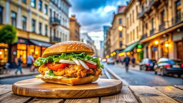 Hamburguesa de pollo frito con lechuga y tomate servida sobre una tabla de madera en una animada calle de la ciudad.