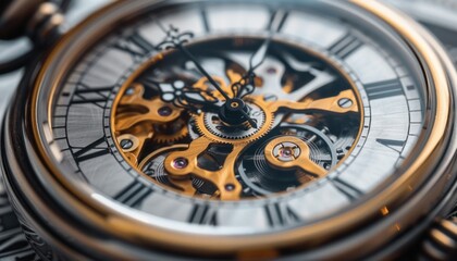 A detailed close up of an antique pocket watch showcasing roman numerals and visible gears