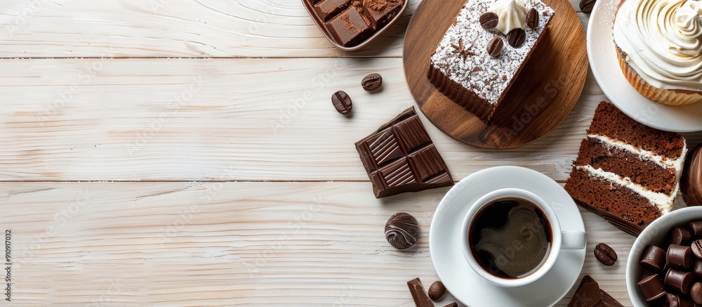 Leinwandbilder a wooden table setting displaying coffee cake dessert and chocolate with a clean white backdrop for 
