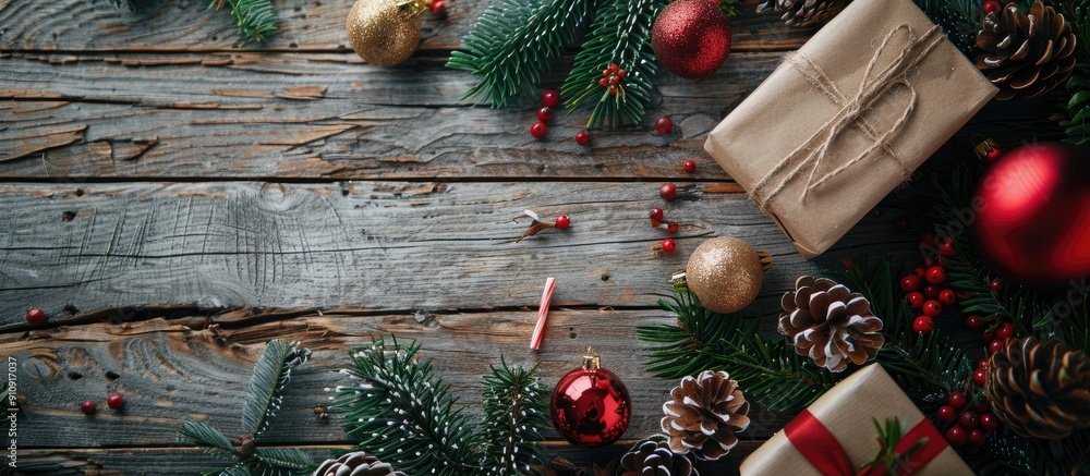 Aufkleber festive holiday arrangement with gifts evergreen branches and ornaments on a rustic wooden backdrop 
