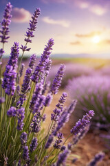 Obraz premium Field of blooming lavender, beautiful sunset light, soft pastel colors, rows of lavender bushes stretching to horizon