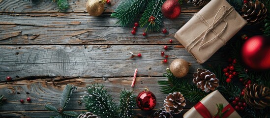 Festive holiday arrangement with gifts evergreen branches and ornaments on a rustic wooden backdrop Represents Christmas winter and New Year festivities Overhead view with ample space for text or ima