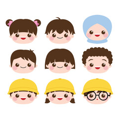 Set of cute children head cartoon style