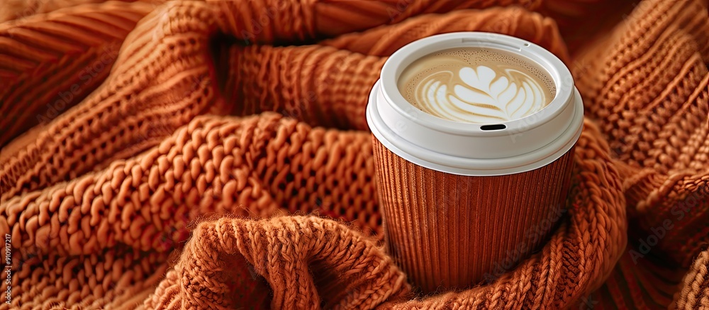 Aufkleber Takeaway coffee cup on an orange knit blanket with a top view for a flat lay image. Creative banner. Copyspace image
