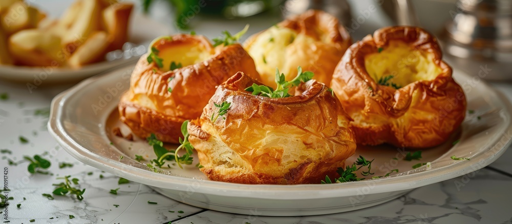 Poster Yorkshire pudding on a plate with a light tile background creating a pleasing copy space image