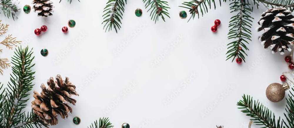 Poster Top view flatlay of a Christmas themed background featuring fir tree branches pine cones and decorations on a white surface with spacious copy space image