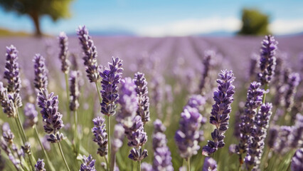 Obraz premium Field of blooming lavender, beautiful sunset light, soft pastel colors, rows of lavender bushes stretching to horizon