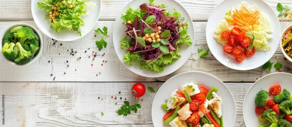 Aufkleber A table set with plates of delicious food and bowls of fresh salad creating an appealing copy space image
