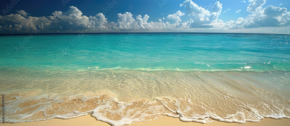 Poster stunning tropical beach with crystal clear ocean waters in the background ideal for a copy space ima