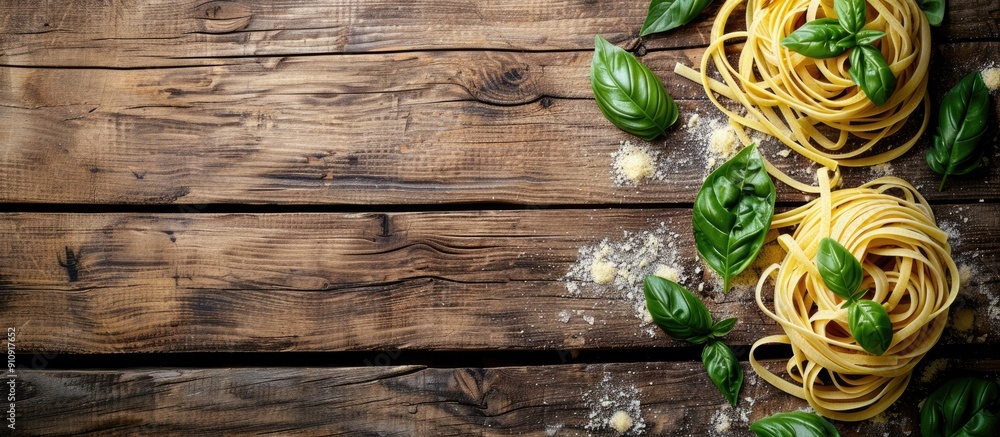 Fototapete italian cuisine displayed with dry pasta and fresh basil on a rustic wooden background captured from