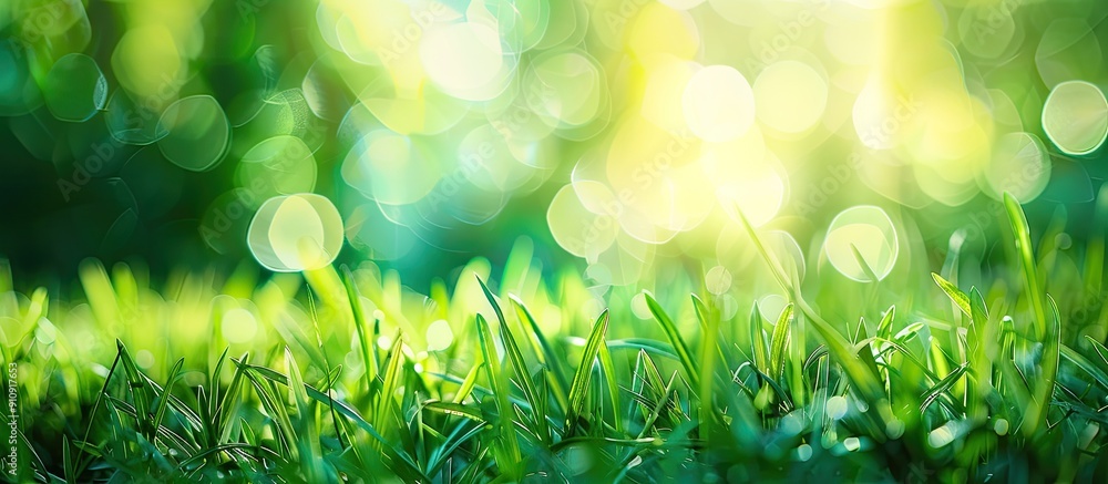 Leinwandbilder A wide format close up outdoors image of vibrant green meadow grass in spring or summer It showcases nature s freshness with copy space and an abstract bokeh background
