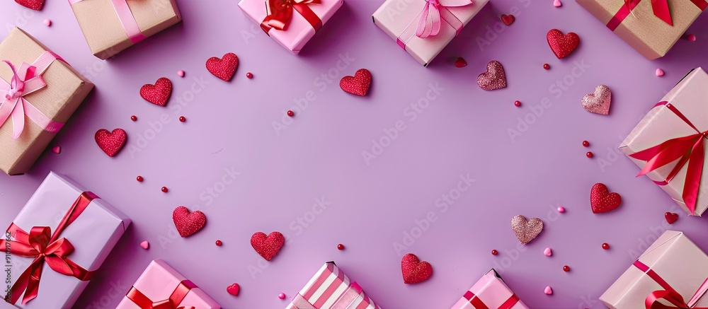 Poster pastel purple background adorned with assorted gift boxes setting the perfect valentine s day scene 