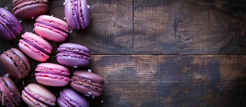 Leinwandbilder Purple and pink macaroons arranged on a vintage wooden dark background creating a decorative border in a top view flat lay setting with copy space image