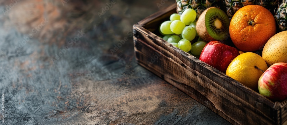 Poster Wooden box contains a variety of fruits like pineapple garnet tangerine apple and kiwi with a complimentary copy space image in the background