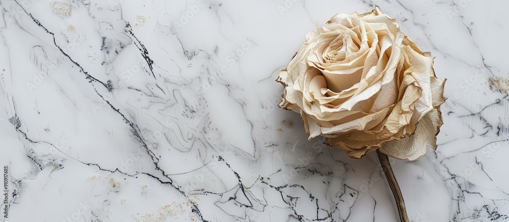 Poster Top view of a dried white rose on a marble background leaving space for text or other imagery. Creative banner. Copyspace image