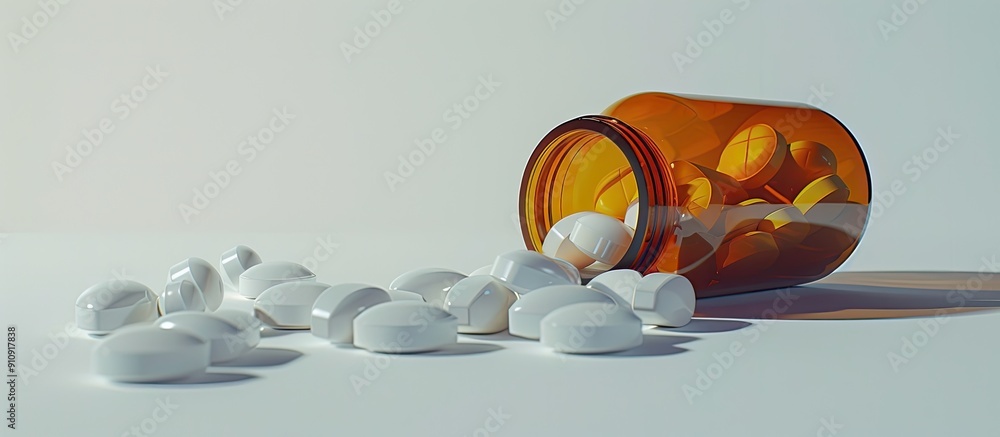 Poster Pills overflowing from a bottle onto a white surface with room for a copy space image