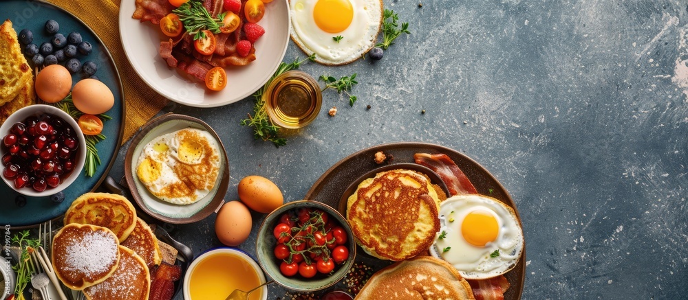 Aufkleber Top view of a wholesome American breakfast spread with eggs bacon pancakes and latkes with copy space image