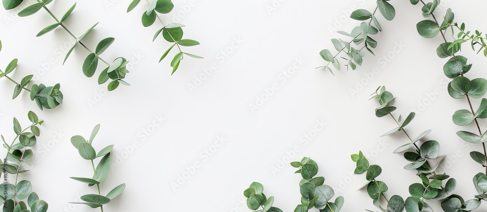 Aufkleber green eucalyptus leaves and branches in a corner frame a white background in a feminine styled stock