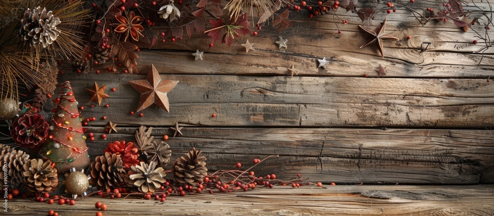 Poster festive christmas decor set against a rustic wooden backdrop with copy space image