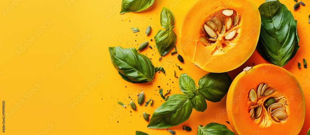 Aufkleber Top view of a pumpkin and basil salad on a yellow backdrop with space for text or image insertion. Creative banner. Copyspace image
